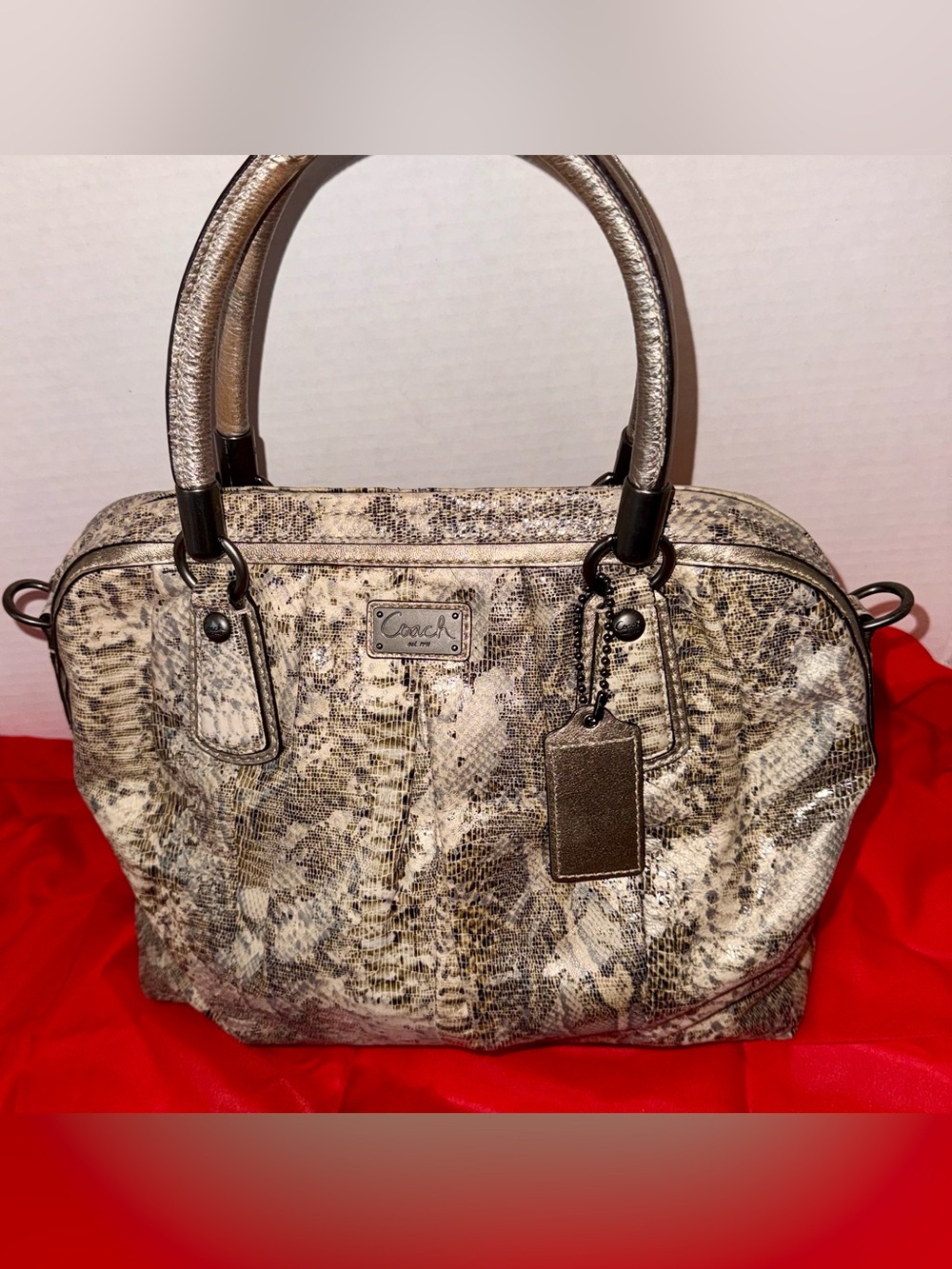 Coach Kristin python-embossed metallic leather satchel, snakeskin pattern